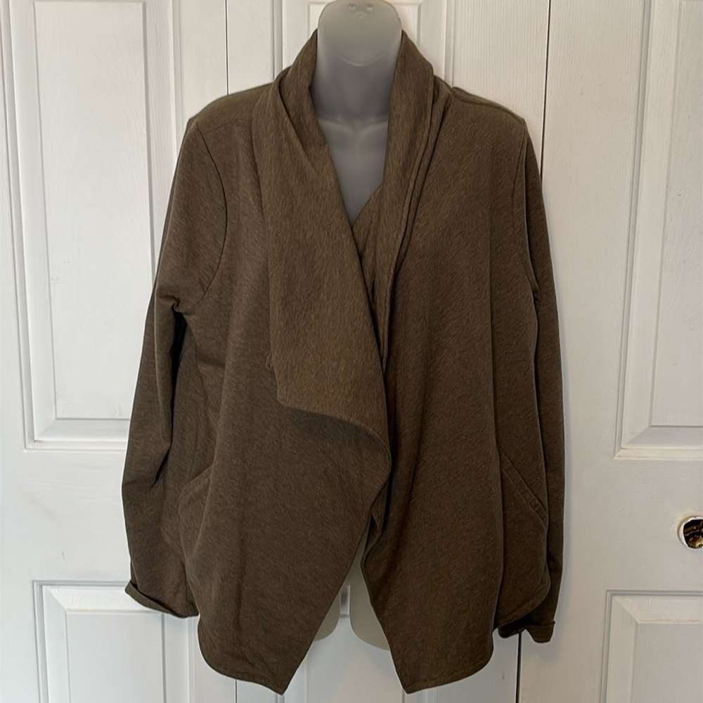 JANA sz Large olive Green Knit Open Cardigan with pockets EUC B718